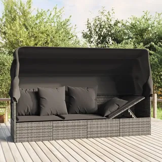 The Living Store Outdoor-Loungebett mit Dach und Kissen Grau Poly Rattan - Grau