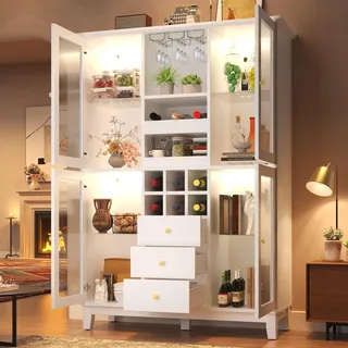 STILVORA Weinschrank mit App-gesteuerter LED-Beleuchtung, Weinregal mit 3 Schubladen und Flaschenhalter, Aufbewahrungsschrank mit Weinglashalter, Weiß - Weiß
