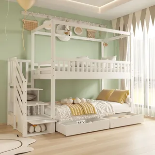Flieks Etagenbett 90x200cm mit 2 Schubladen, Kinderbett Hausbett mit Stauraumtreppe, Hochbett Stockbett mit Rausfallschutz, Einzelbett Weiß - Weiß