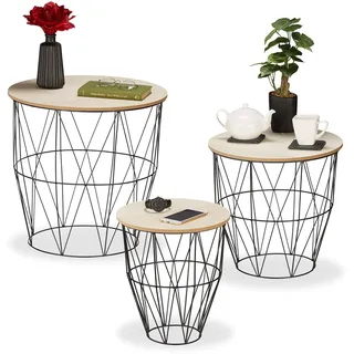Relaxdays Korbtisch 3er Set, rund, Metall & Holzoptik, schwarz