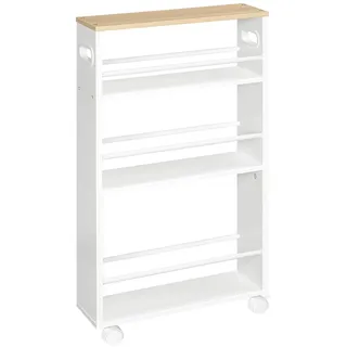 HOOBRO Rollwagen, Küchenwagen mit 4 Ebenen, Schmaler Servierwagen, 45 x 15 x 80 cm, Küchenregal mit 360° drehbaren Rädern und Geländern, für Küche, Bad, Wohnzimmer, Weiß und Naturholz EWN15TC01