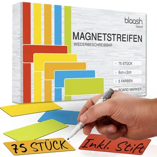 75 Magnetstreifen 6 x 2 cm beschreibbar | Magnete für Whiteboards, Kühlschränke, Magnettafeln & metallische Oberflächen | inkl. Stift & Radierer | Bunte Magnetschilder zum Beschriften
