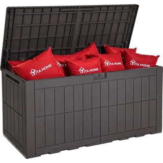 YITAHOME 450L Auflagenbox Wasserdicht, Große Gartenbox mit Schloss & Gasdruckfeder, Kissenbox mit Sitzfunktion bis 200 kg, Wetterfeste Resin Gartentruhe, UV-beständig & Belüftet, Dunkelbraun