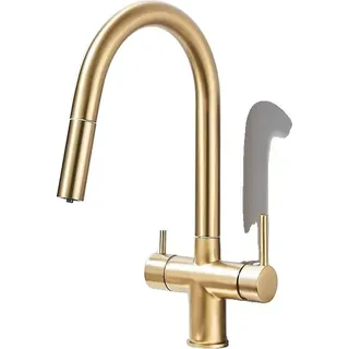 Küchenarmatur, Dual-Handle, Ausziehbare Sprühfunktion, Edelstahl, Gebürstetes Gold - Gold