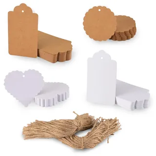 Florence Tonkarton Geschenkanhänger & Etiketten mit Wellenrand - Kraft und Weiß - 200 Stück - Set mit Etiketten, Kreise und Herzen- Blanko Danke Anhänger und Kraft Anhänger - Inklusive Juteschnur