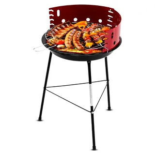 Holzkohlegrill, Ø 37 cm, Dreibein, BBQ, Kohlegrill für Camping, Terrasse, Picknick, Grill mit Windschutz, Rundgrill, Schwarz/Rot - Schwarz, Rot