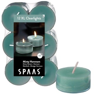 Spaas 12 Maxi Duftenden Clearlights, Teelichter mit durchsichtigem Halter, ± 8 Stunden - Minty Hammam, Smaragdgrün