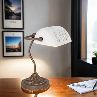 Kunstvolle Tischleuchte MINISTERO Messing Glas IN Bronze antik Weiß Bankerlampe