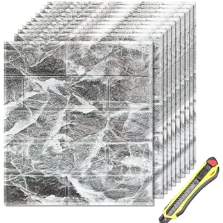 Hyesrtey 10 Stück 3D Wandpaneele 35x38.5cm Selbstklebend Küchenrückwand Ziegel Tapeten Steinoptik 4 mm Steintapete Wandaufkleber Wasserdicht Wandtapete für Küche Schlafzimmer (Gris)