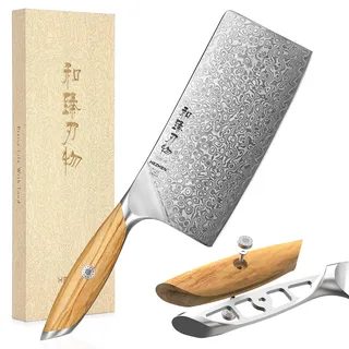 HEZHEN 18,5 cm Damast Hackmesser,Fleischbeil Chinesischer Kochmesser | Fleischermesser Asiatischer Art, Scharfes Metzgermesser Hackbeil für Küche Restaurant,Damaststahl,Griff aus Olivenholz
