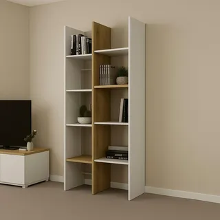 Dmora - Bücherregal Saone, Büroregal, Mobiler Buchhalter, Bücherbrett, 76x33 h183 cm, Eiche und Weiß