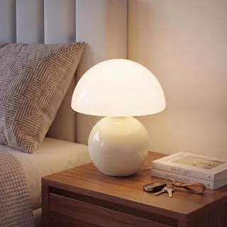 Dawnwake Pilzlampe Tischlampe, Dimmbare Led Nachttischlampe mit Keramikbasis, Mid-Century Moderne Kleine Lampe für Wohnzimmer, Schlafzimmer & Büro (Weiß)