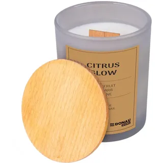 DONAU HOME Luxuriöse 100% Sojakerze Duftkerze Citrus Glow / 200g / Grau Glas mit Holzdeckel Holzdocht/Grapefruit Rhabarber Melone Jasmin Moschus/Handgemacht in EU