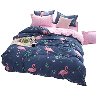 Loussiesd Tropische Flamingo Bettwäsche Set 3 teiligs 200x200cm + 80x80cm Weich Atmungsaktiv Microfaser Betten Set mit 2 Kissenbezug Tropical Blätter Bettbezug mit Reißverschluss,Blau & Rosa