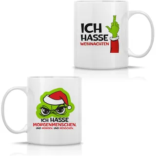 Muffel Festtagsmuffel 2er Set Lustige Tassen & Becher | Sprüche „ICH HASSE WEIHNACHTEN“ & „ICH HASSE MORGENMENSCHEN“ | Witzig, Frech & Ironisch | Kaffeebecher für Büro, Arbeit & Zuhause | Geschenkidee