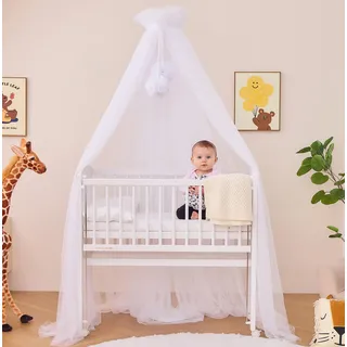 ALAVYA HOME® Betthimmel Tüll 120cm lang für Babybett & Wiege, Moskitonetz mit 2 Bommeln und Himmelstange I Babyzimmer Deko Schützt & Verzaubert Ihr Baby im Schlaf (Weiß)