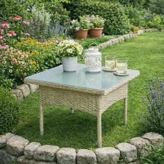 Beistelltisch Tisch Polyrattan Gartentisch Rattantisch Rattan Balkontisch Beige - Beige