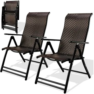 2er Set Rattan Liegestühle, Gartenstühle mit 7-fach verstellbarer Rückenlehne, wetterfeste Klappstühle, atmungsaktive Sonnenliege, klappbare Liegestühle für Balkon, Garten und Terrasse