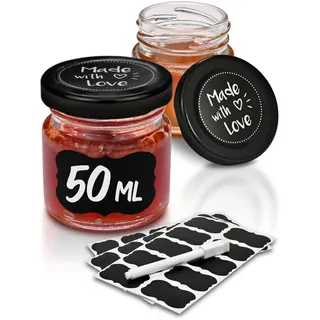 Praknu 24 Mini Gläser mit Deckel 50 ml - Mit Etiketten und Stift - Luftdichte Gläschen zum Verschenken - Für Marmelade und Honig