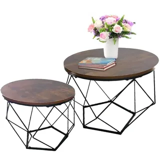 Relaxdays Couchtisch 2er Set Industrial-Design, runde Beistelltische, Wohnzimmer, braun/schwarz