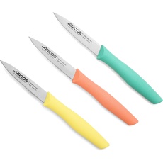 Arcos Messer Set - 3-teiliges Schälmesser-Set mit Edelstahlklingen und ergonomischem Griff aus Polypropylen. Farbenfrohe Küchenmesser für Obst- und Gemüseschälen. Nova-Serie in Orange, Gelb und Blau.