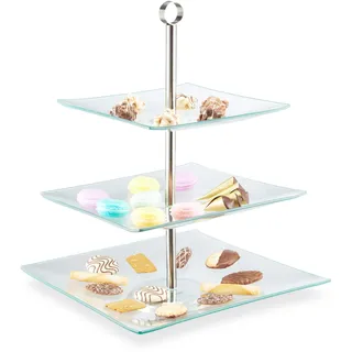 Relaxdays Etagere, 3-stöckig, eckig, Cupcakes, Kekse, Snacks, Obst, Glas, Edelstahl, Servierständer, transparent/silber, 40 x 30 x 30 cm