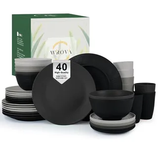 Wrova Plastik Geschirrset 40-Teiliges - Leicht Geschirr Set 8 Person Wiederverwendbar Camping Teller Set Spülmaschinen- und Mikrowellengeeignet Tafelservice für Küche, Hochzeit - Graustein