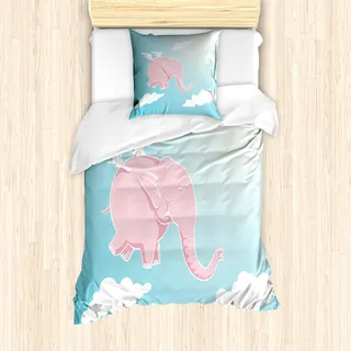ABAKUHAUS Kindergarten Bettbezug Set für Einzelbetten, Rosa Elefant im Himmel, Milbensicher Allergiker geeignet mit Kissenbezug, Hellrosa Hellblau Weiß - Rosa