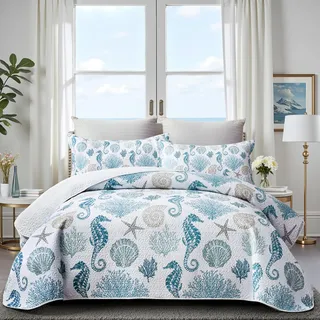 Coastal Bedding Steppdecke für King-Size-Betten mit 2 Kissenbezügen, nautische Strand-Tagesdecke, hellblau, Ozeanküste, Sommer-Bettwäsche-Set für alle Jahreszeiten, 90 x 96 cm