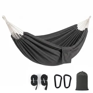 Sekey Hängematte Outdoor, 150x200cm XXL-Liegefläche, Kokon-Effekt Baumwollhängematte, Tragkraft bis 200 kg, inkl. Befestigungsgurte & Karabiner, Tragetasche für Garten, Balkon & Camping, Anthrazit