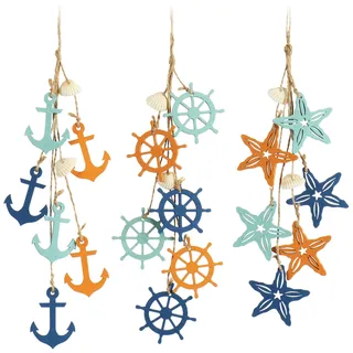 com-four® 3X Hängedeko Maritim - Dekoration zum Aufhängen - Seestern, Anker und Steuerrad aus Holz mit Muscheln - Hängedeko (3 Stück - 38cm)