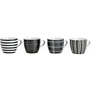 Wurm KG 4er Set moderne Kaffeetassen aus Porzellan | 10 cm hoch | Ø 8 cm | 300 ml | Große Kaffeetasse in schwarz/weiß gestreift und kariert