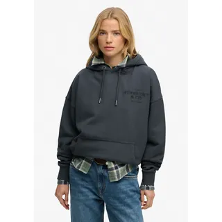 Kapuzensweatshirt SUPERDRY "Luxe Casual Emb Relaxed Hood", Damen, Gr. S, grau (eclipse navy), Sweatware, Obermaterial: 100% Baumwolle, bedruckt, normal, Rundhals, Rippbündchen, Sweatshirts Kapuzensweatshirt, Baumwolle, oversize