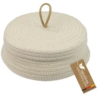 HMF Aufbewahrungskorb Badezimmer rund, Korb mit Deckel aus Baumwolle | Flach | 25,5 x 11,5 cm | Creme