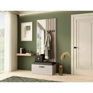 Garderobe MARGARET II , Farbe: Kaschmir + Artisan Lamellen + Schwarz, mit Spiegel - Beige, Braun, Schwarz