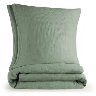 Blumtal Musselin Bettwäsche 200x220 cm + 2X 80x80 cm - Oeko-TEX zert. Musselin-Bettwäsche aus 100% Baumwolle - extra weiches Bettwäsche-Set waschbar bei 40 °C - Sommerbettwäsche Grün