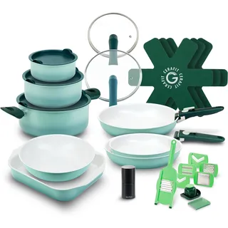 Genius Cerafit Revolution Vario Pfannenset Kochgeschirr Set 27-tlg., Keramikbeschichtung, abnehmbare Griffe, Topfsets, Induktion geeignet, backofenfest bis 250 °C, PFAS-frei