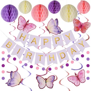 meowtastic Lila Geburtstagsdekorationen,Lila Happy Birthday Banner mit Wabenkugeln, Kreis Punkte hängende Dekorationen,Geburtstag Party Dekorationen für Frauen Mädchen