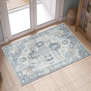 TOPICK Fußmatte 60x90cm Blau Teppich Blumen Waschbar Superdünne Faltbar Vintage Kurzflor Orientalischer Flower Lang Eingangsmatte Küchenteppich für Büro Haustür Patio Flur