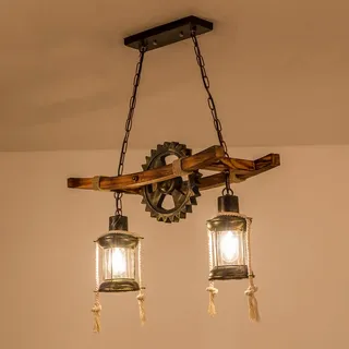 FUMIMID Antik Holz Pendelleuchte Vintage Hängeleuchte E27 2 Flammige | Esstisch Esszimmerlampe Industrial Hängelampe Retro Rustikale Landhaus Pendellampe Schlafzimmer Wohnzimmer Kronleuchter