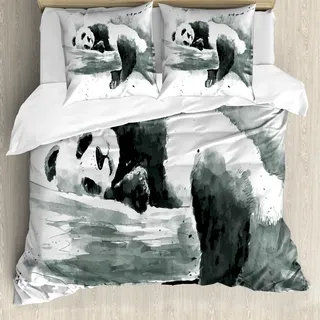 ABAKUHAUS Panda Bettbezug, Sleeping Panda, Milbensicher Allergiker geeignet mit Kissenbezügen, 200 cm x 200 cm - 80 x 80 cm, Schwarz-Weiss - Schwarz