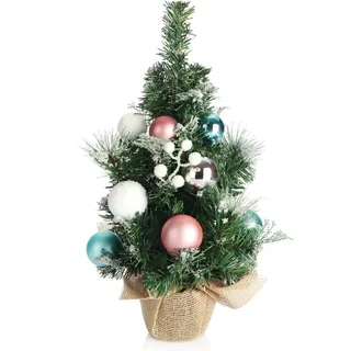 COM-FOUR® Künstlicher Weihnachtsbaum mit Christbaumkugeln - Geschmückter Tannenbaum für die Weihnachtsdekoration - Christbaum für die Deko zu Weihnachten - Grün, Weiß, Braun, Rosa, Hellblau