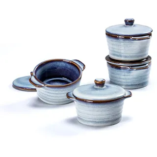 Mini Cocotte Porzellan, Keramik Auflaufform mit Deckel Ofenfest 4 Stück - 230 ml, Creme Brulee Schälchen Suppentassen mit Griffen für Soufflé, Muffins, Cupcakes - Blau