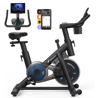 Merach Heimtrainer Fahrrad, Leises Hometrainer Fahrrad mit Verbessertem LCD-Monitor, Spinning Bike Indoor mit Verstellbarem Widerstand für Kardio-Training zu Hause, Mit Eigener App, Bis 136 KG