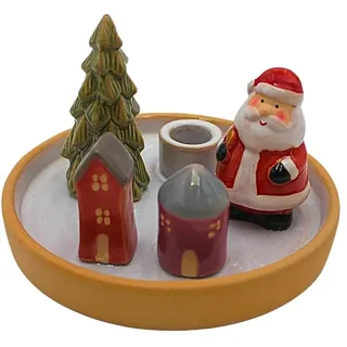 Kerzenhalter, Kerzenteller, Kerzenständer, Dekoteller, Stabkerzenhalter, Kerzenhalter-Weihnachten, Keramikteller mit Weihnachtsmann, Tannenbaum und Häusern aus Steingut, Bunt, L/B/H: 17 x 17 x 9 cm.