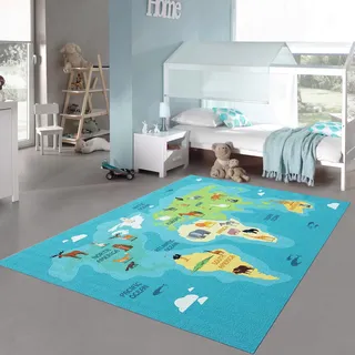 Teppich-Traum Kinderteppich Weltkarte Tiere Blau Grün 140x200 cm | Rutschfest, strapazierfähig, allergikerfreundlich, hautsympathisch und schadstofffrei, mit Kontinenten, Tierarten und Ozeanen