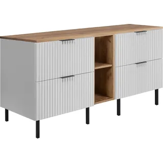 Badezimmerschrank, Weiß / Eiche Craft + schwarzer Griff, 140 x 77 x 46 cm