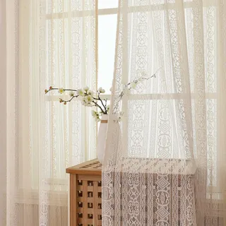 Gazal Vole Boho Häkel Gardinen Beige 2er Set, H 260 x B 140 cm, Transparente Makramee Spitzengardinen mit Stangentasche, Vintage Landhausstil Vorhänge für Wohnzimmer Schlafzimmer
