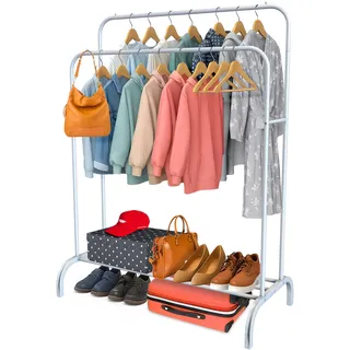 PORTENTUM Robuster Kleiderständer aus Stahl – bis zu 35 kg – Organizer mit doppelter Stange und Schuhregal – freistehende Garderobenständer mit rutschfesten Füßen – Fallschutzkappen für Kleiderbügel