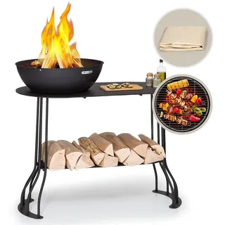 Blumfeldt Feuerschale für den Garten, Feuerschale mit Grillrost & Abdeckung für Feuerschale, Stahl Feuerschalen Klein, Wetterfeste Feuerstelle mit Grill, Kleine Feuerschale mit Schürhaken, 1 m Hoch